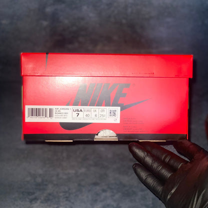 Red and black Nike Air Jordan 1 Retro High 85 sneaker box with the barcode, style code, size, and other sneaker information on a label.